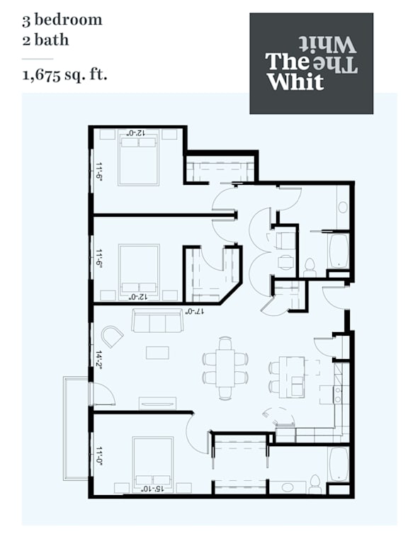 A floor plan for a 3 bedroom, 2 bath home by The Ault Whit Company.