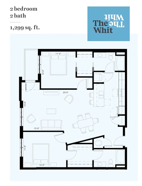A floor plan of a 2 bedroom, 2 bath apartment.