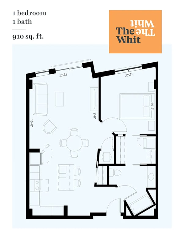 A floor plan of a one bedroom apartment with one bath and a total area of 910 sq. ft.