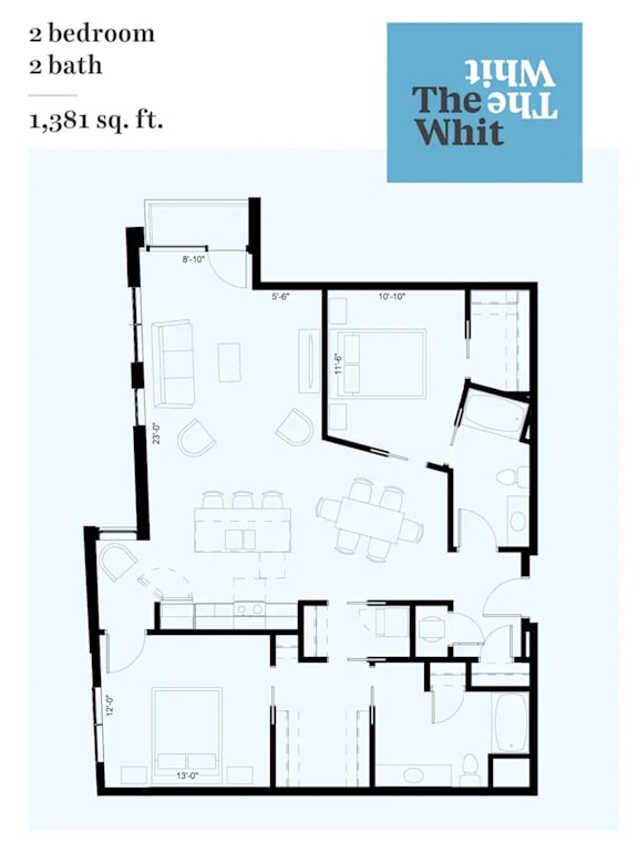 A floor plan of a 2 bedroom, 2 bath apartment sized 1,381 sq. ft.