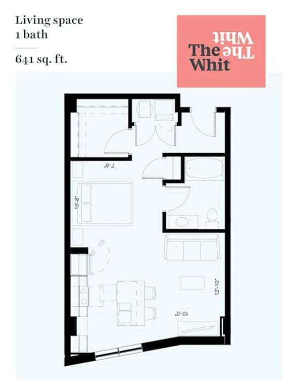 A floor plan of a living space with one bath and 641 sq. ft.