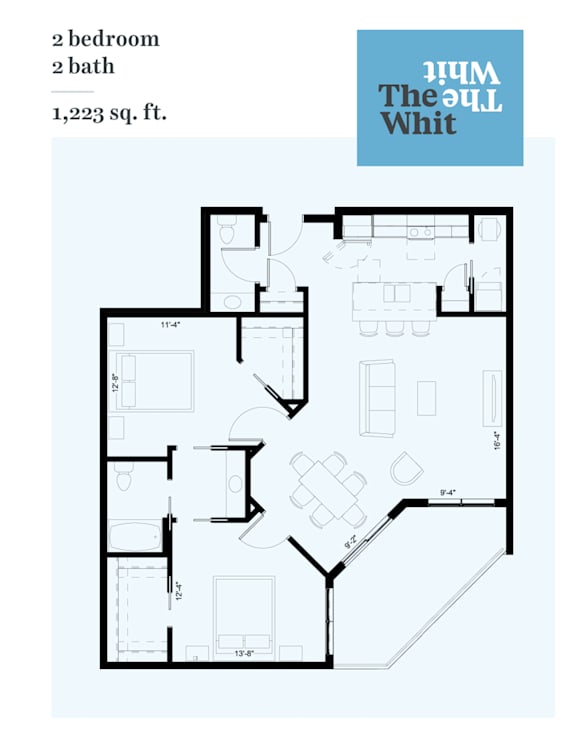 A floor plan for a 2 bedroom, 2 bath home that is 1,223 sq. ft.