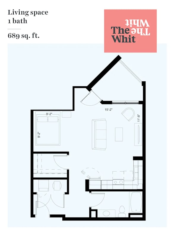 A floor plan of a living space with one bath and 689 square feet.