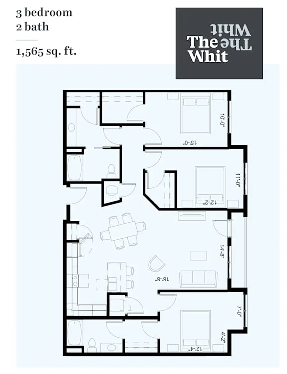 A floor plan of a 3 bedroom, 2 bath home by The Apartment Whirl.