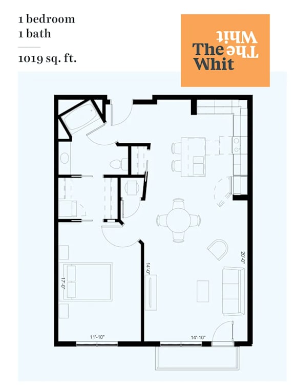 A floor plan of a one bedroom, one bath apartment at The Old Whit.