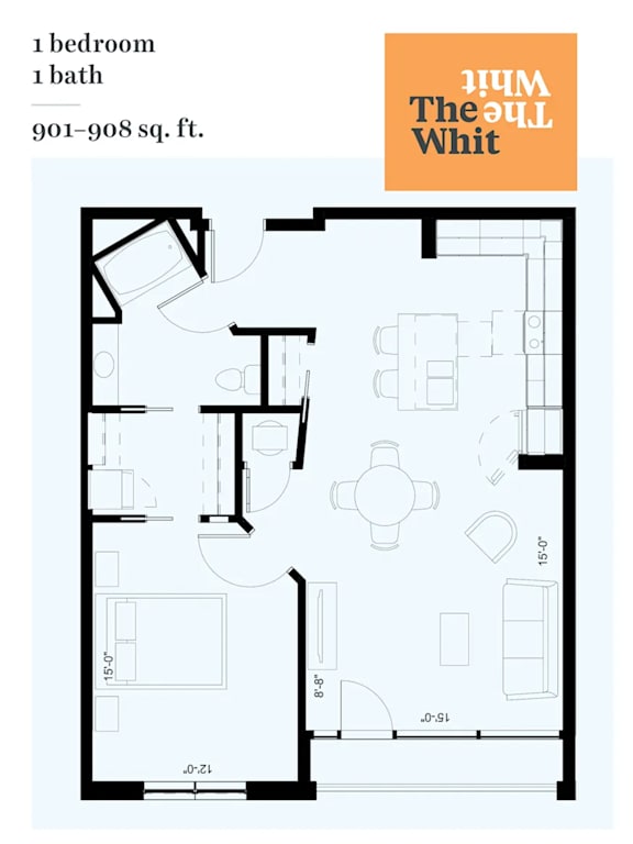 A floor plan of a one bedroom apartment with one bath and a total area of 901-908 square feet.