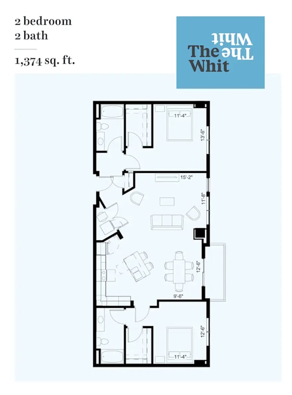 A floor plan of a 2 bedroom, 2 bath apartment sized 1,374 sq. ft.