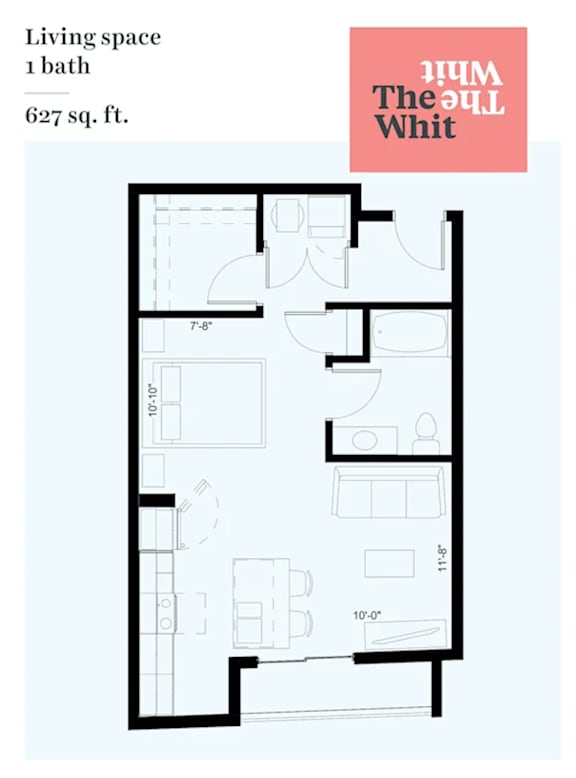 A floor plan of a one bathroom apartment sized at 627 sq. ft.