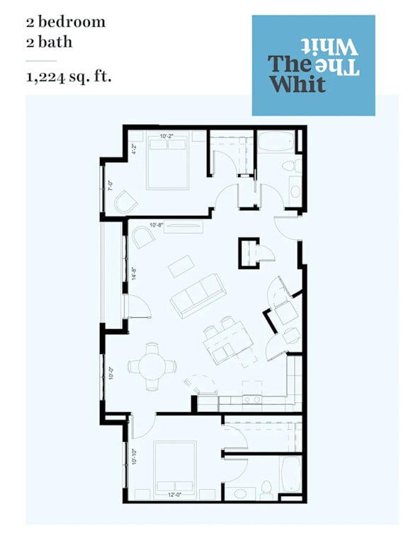 A floor plan of a 2 bedroom, 2 bath apartment.