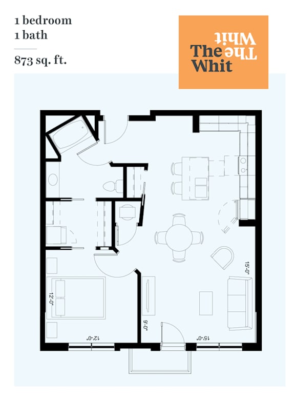 A floor plan of a one bedroom, one bath apartment that is 873 square feet.