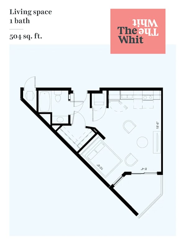 A floor plan of a living space with one bath and a total area of 504 sq. ft.
