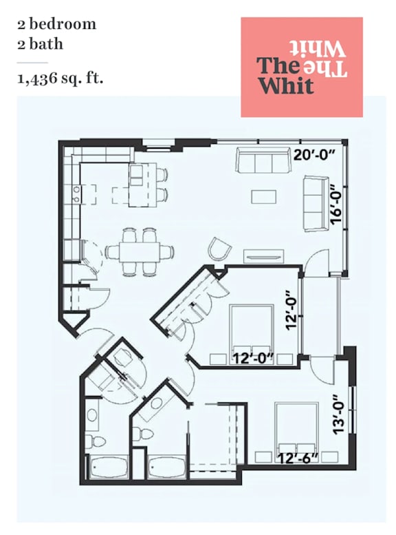 A floor plan of a 2 bedroom, 2 bath apartment is shown.