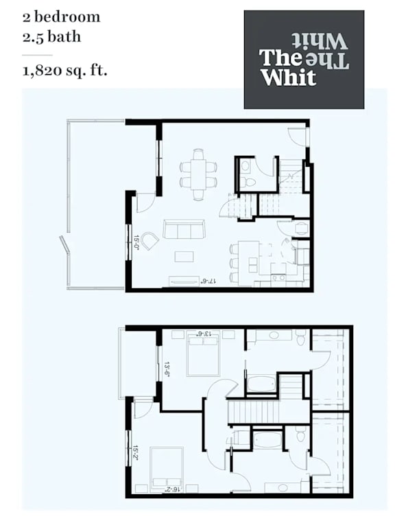 A floor plan for a 1,820 square foot home with two bedrooms and 2.5 baths.