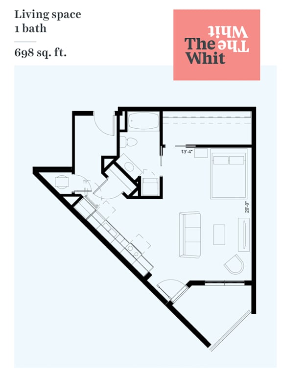 A floor plan of a one-bedroom apartment at The Owl Whit.