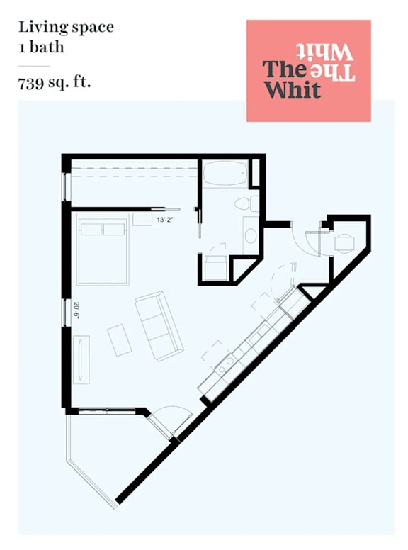 A floor plan of a one-bedroom living space that is 739 square feet.