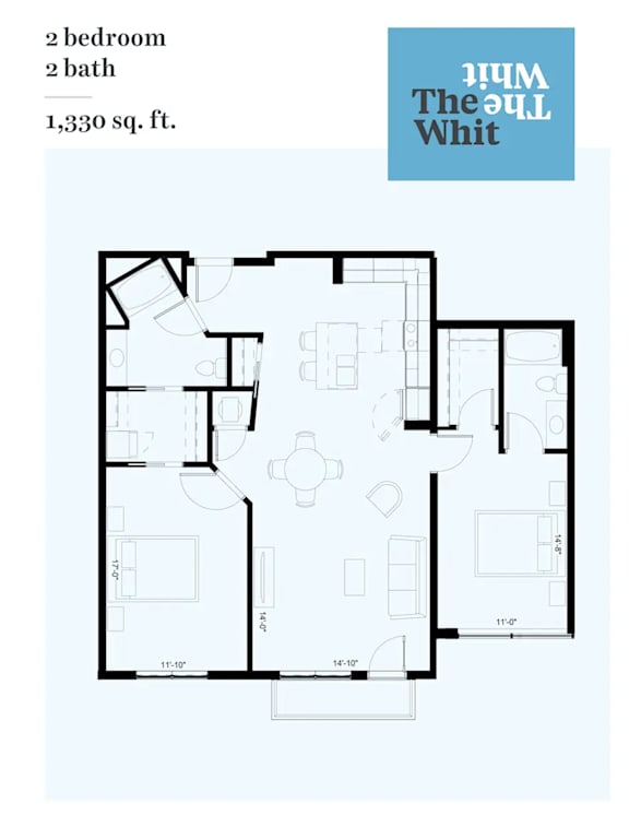 A floor plan of a 2 bedroom, 2 bath apartment sized at 1,330 sq. ft.