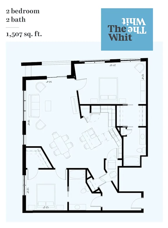 A floor plan of a 2 bedroom, 2 bath apartment with a total area of 1,507 sq. ft.