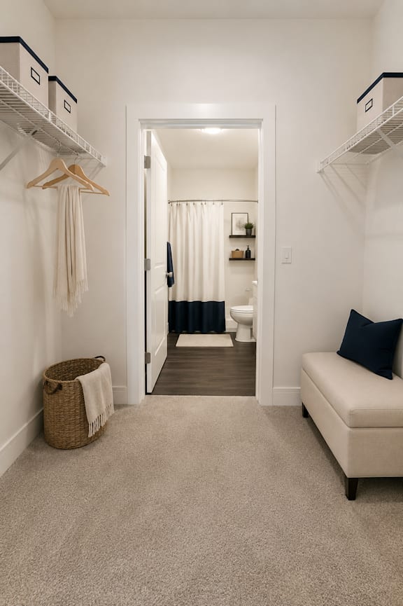 A hallway with a white couch and a toilet in the background.