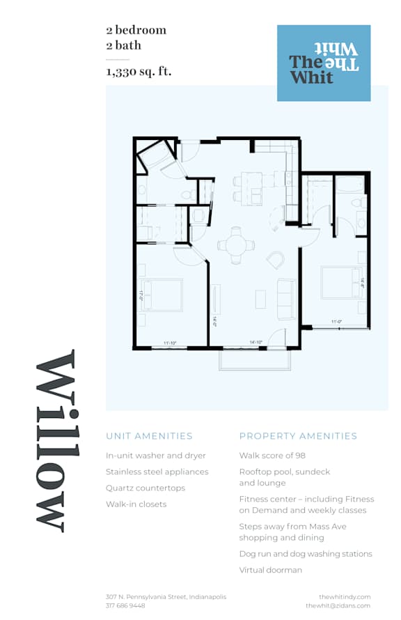 Luxury 2 Bed 2 Bath, 1,330 sqft, 2D Floorplan at The Whit in Indianapolis, IN 46204
