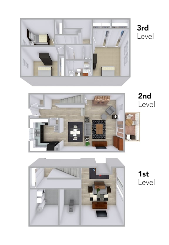 Floor Plan  3D floorplan of Wilmington, 3 bed 2.5 bath, 1,950 sqft townhome at Olde Towne Apartments