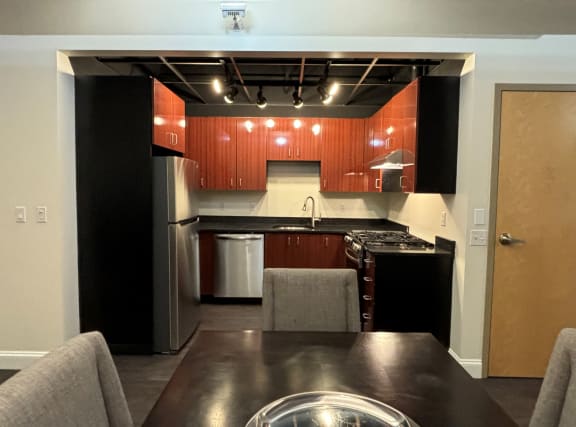 Floor Plan  Contemporary Dining Area and all electric kitchen at The Lofts at Elk Terminal, New York, 14204