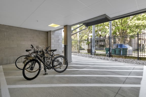 a group of bikes parked in a parking garage at Nineteen North, Buffalo, NY, 14202
