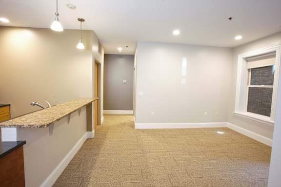 A room with a carpeted floor and a window on the right side at The Granite Works Apartments , Buffalo, New York