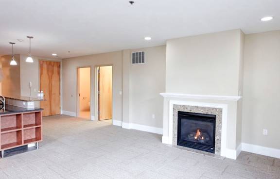 A living room with a fireplace and a kitchen area at The Granite Works Apartments , New York