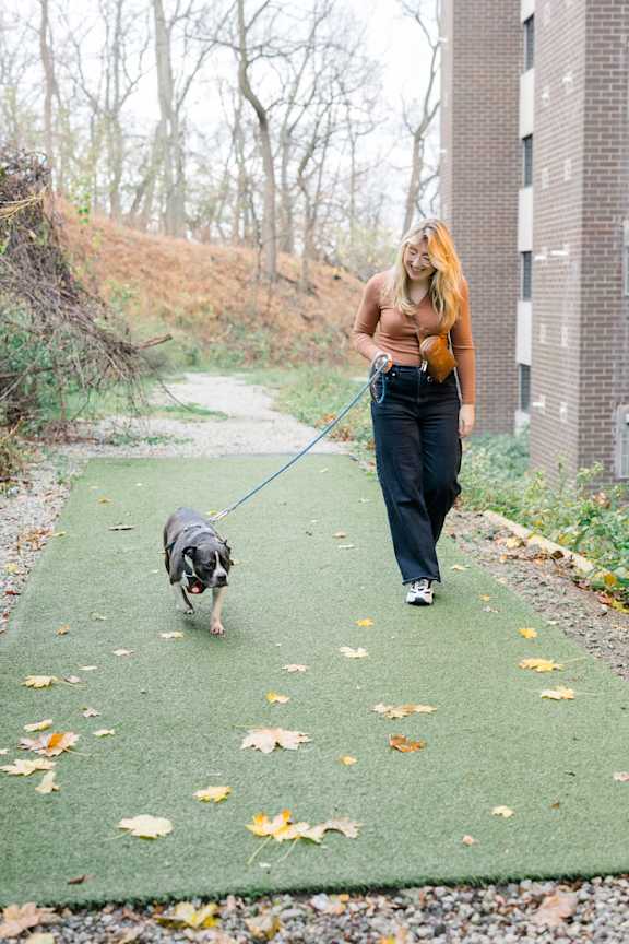 A woman walking her dog on a leash in a park at Walnut Towers at Frick Park, Pittsburgh, PA 15217