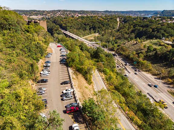 a long line of cars parked at Walnut Towers at Frick Park, Pittsburgh, 15217