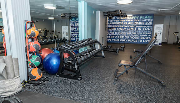 a large fitness room with weights and other exercise equipment  at Walnut Crossings, Monroeville, PA, 15146