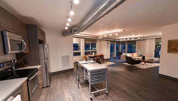 a kitchen and living room at Walnut on Highland, Pennsylvania 15206