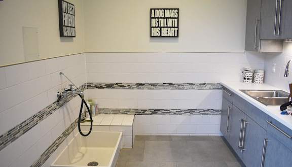 a laundry room with a sink and a bench at Bakery Living, Shadyside, Pittsburgh, PA 15206