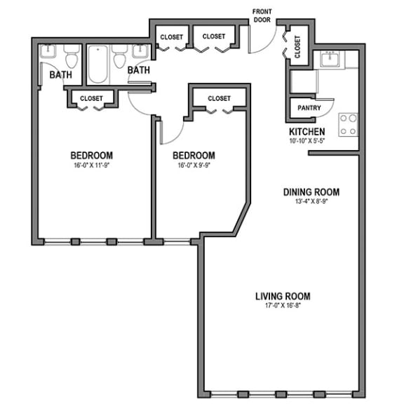 2 Bedroom 1.5 Bathroom Floor Plan 2 Bedroom 1.5 Bathroom Floor Plan at Walnut Towers at Frick Park, Pittsburgh, Pennsylvania