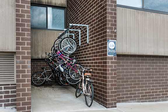 a bunch of bikes parked at Walnut Towers at Frick Park, Pittsburgh, PA