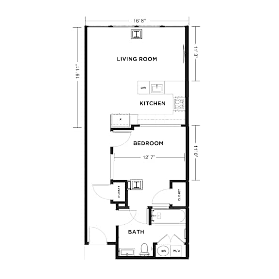 A floor plan of a small apartment with a living room, kitchen, bedroom, and bathroom.