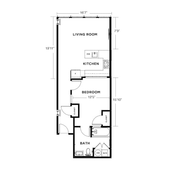 Floor Plan  A drawing of a house floor plan with a living room, kitchen, bedroom and bathroom.