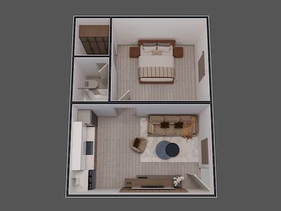 a 3d floor plan of a small apartment