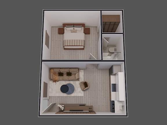 a 3d rendering of a bedroom with a bed and a living room