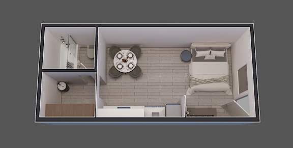 a top down view of a model of a bedroom and a living room