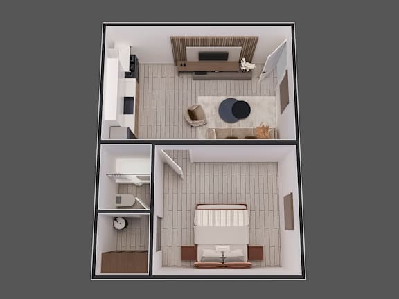 a 3d floor plan of a small apartment