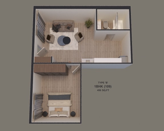 a floor plan of a small apartment with a living room and a dining room