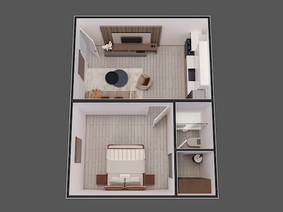 a 3d rendering of a bedroom and a living room