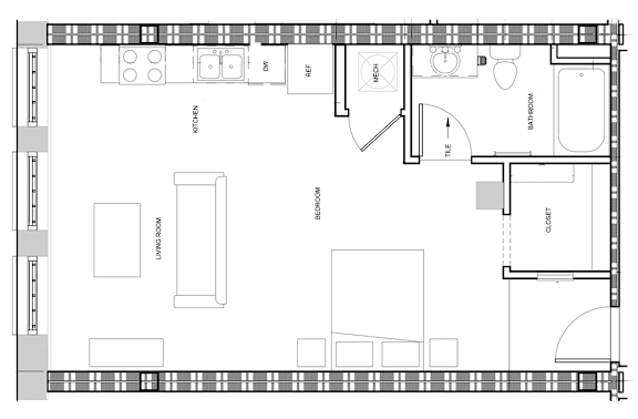 A floor plan of a house with a kitchen, living room, and bathroom.