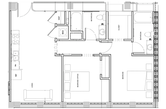 A floor plan of a house with labeled rooms and appliances.