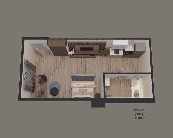 an overhead view of a small apartment with a bedroom and a living room