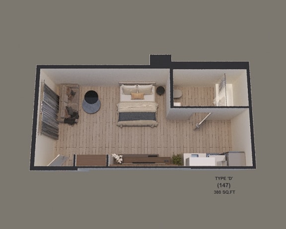 an overhead view of a room with a bedroom and a living room