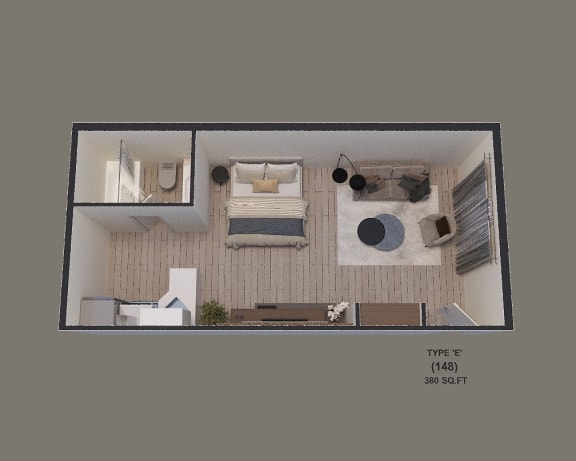 an overhead view of a living room with a bedroom