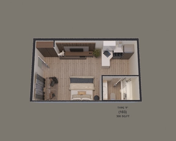 an overhead view of a small apartment with a bedroom and a living room