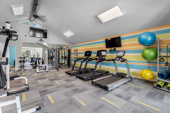 A gym with treadmills, exercise balls, and other equipment.